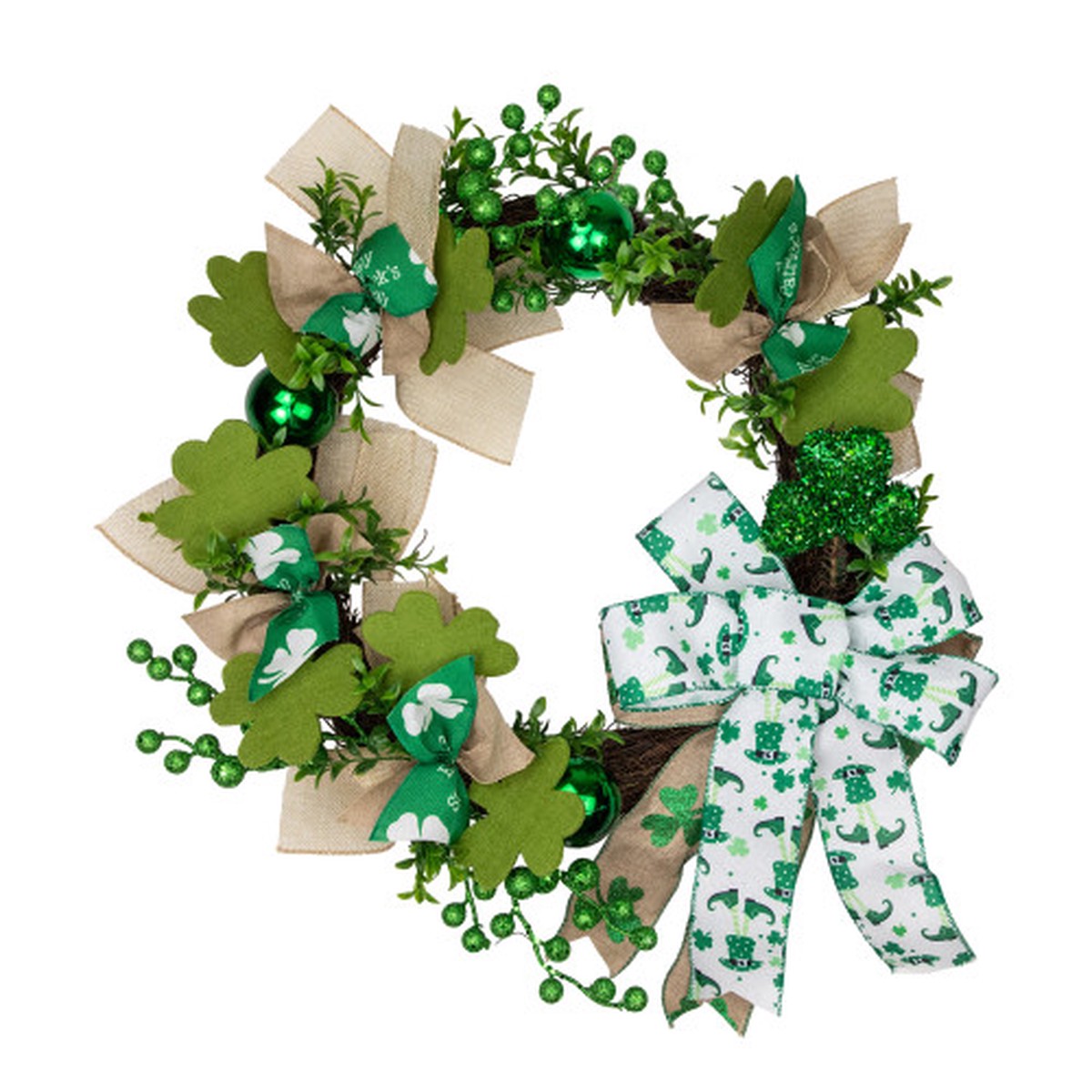Burlap Bows and Shamrocks St. Patrick’s Day Wreath, 24-Inch, Unlit