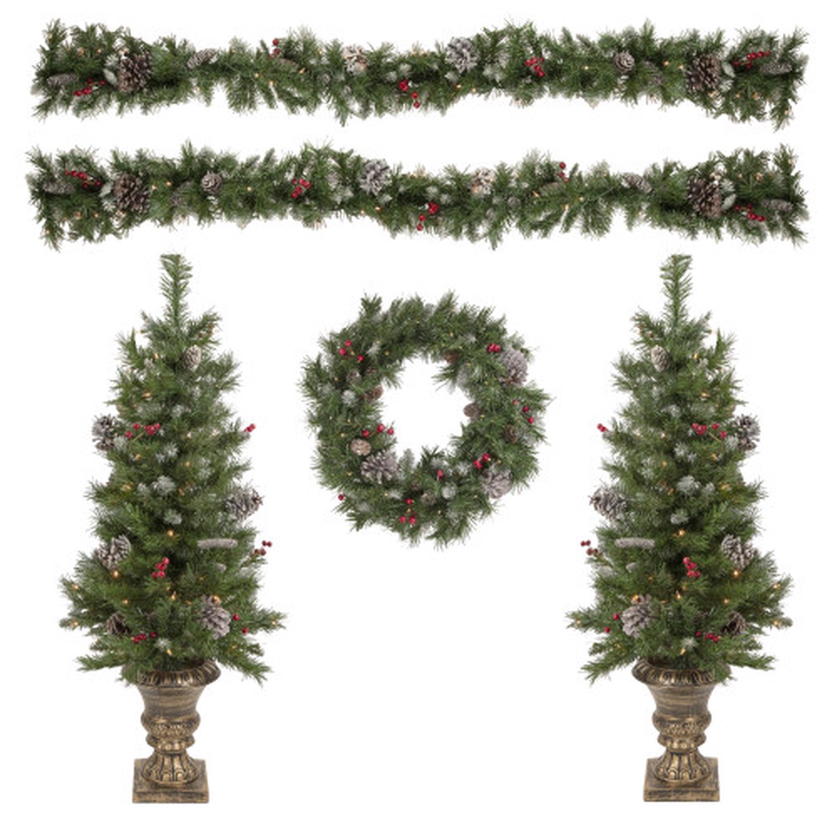Pre-Lit Battery Operated Frosted Verona Berry Pine Artificial Christmas Set - 5-Piece - Clear Lights