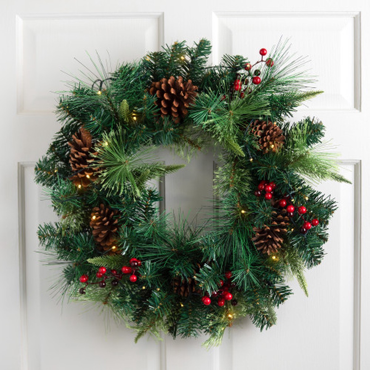Pre-Lit Battery Operated Mixed Pine and Berries Christmas Wreath - 24" - Warm White LED Lights