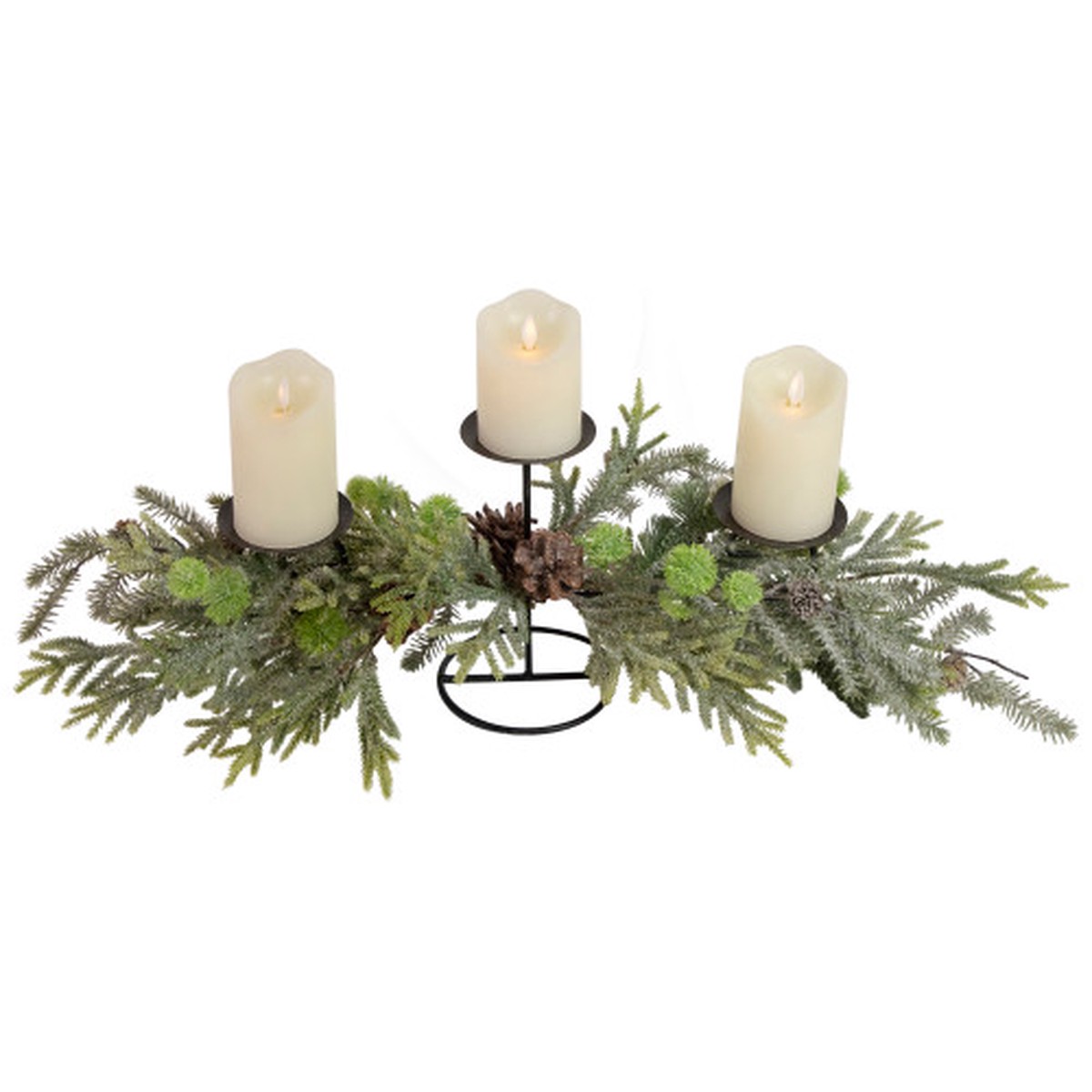 Triple Candle Holder with Frosted Foliage and Pine Cones Christmas Decoration – 26″