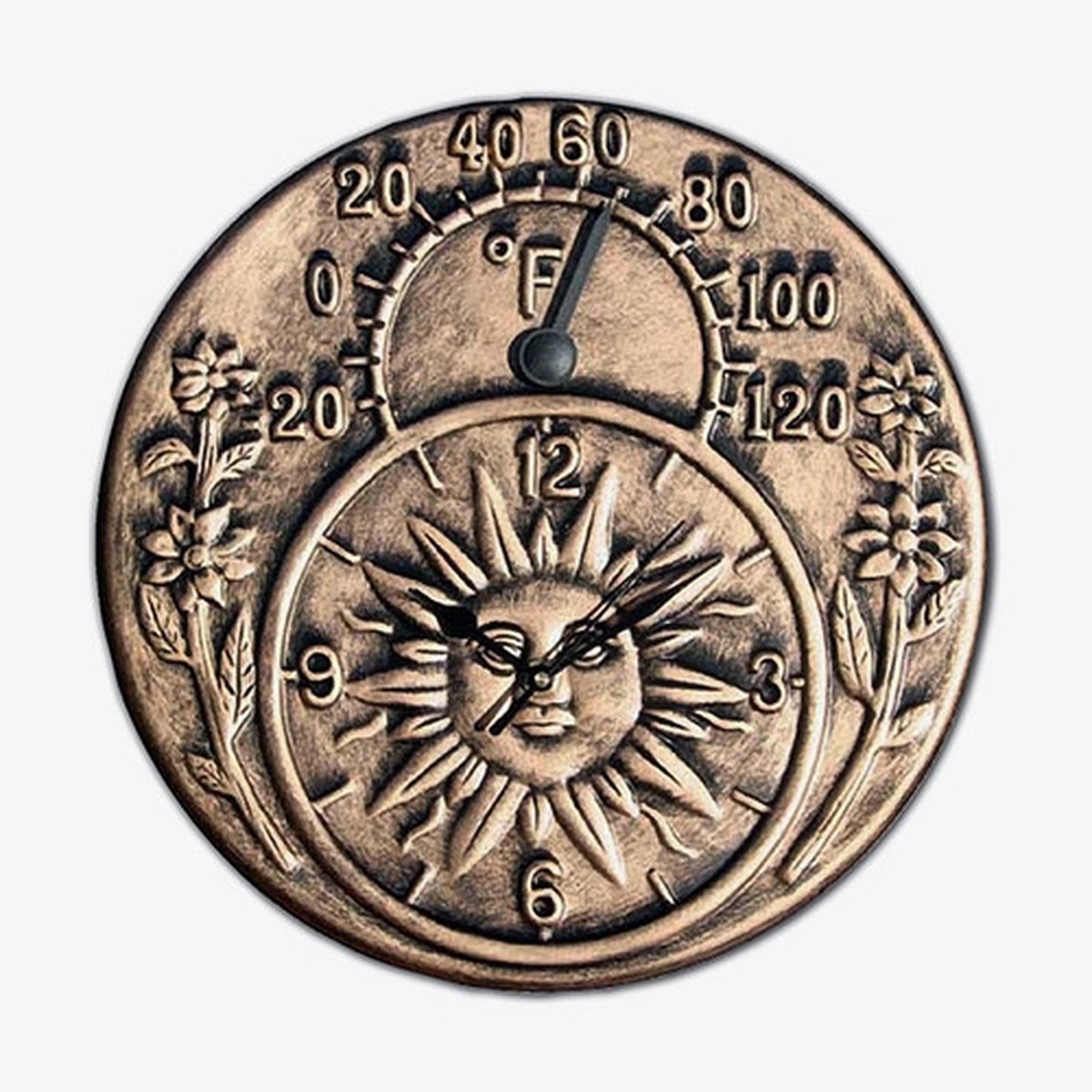 12″ Antique Gold Terra Cotta Embossed Sun and Flowers Indoor or Outdoor Wall Clock Thermometer