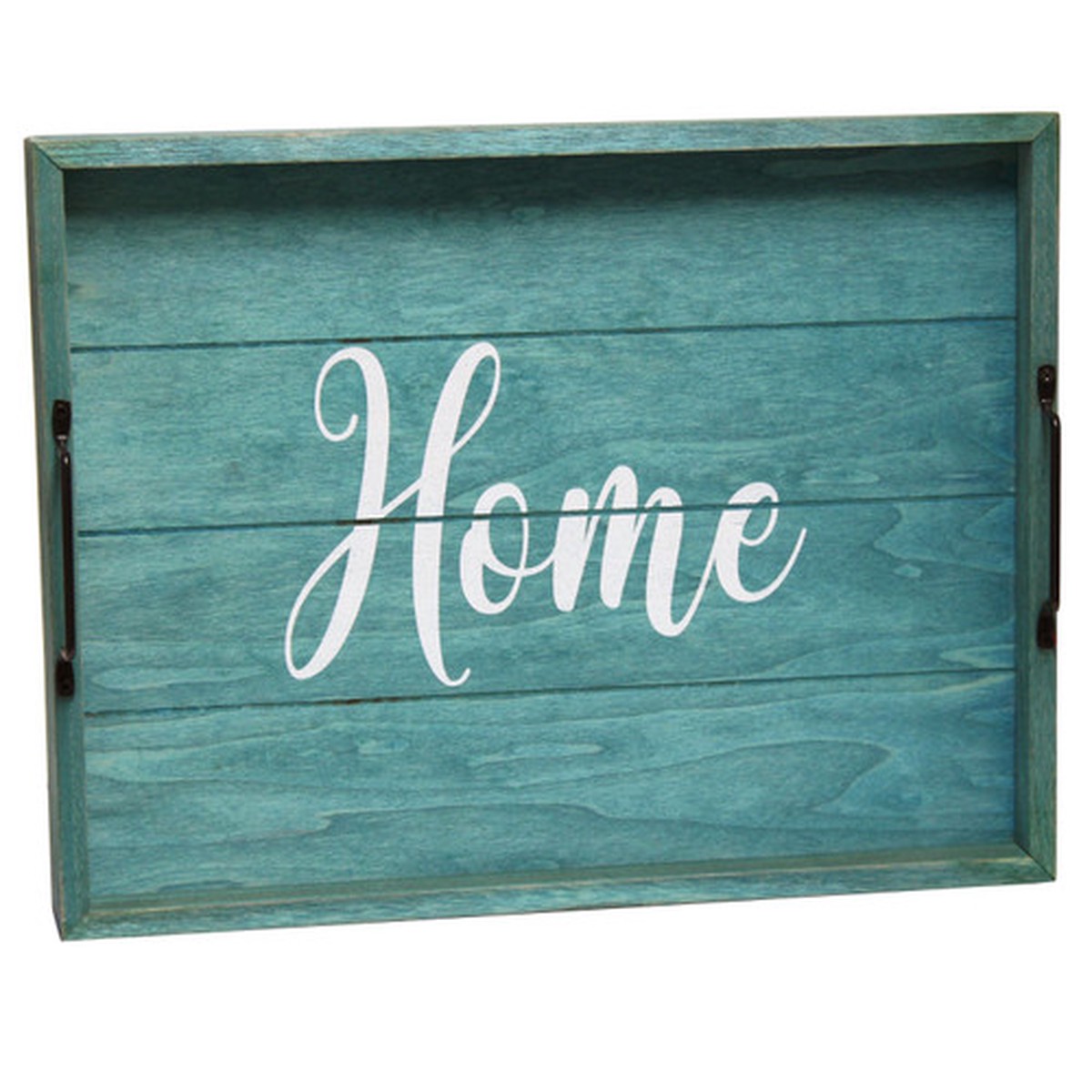 “Home” Rectangular Wooden Accent Tray with Handles – 15.5″ – Blue and White