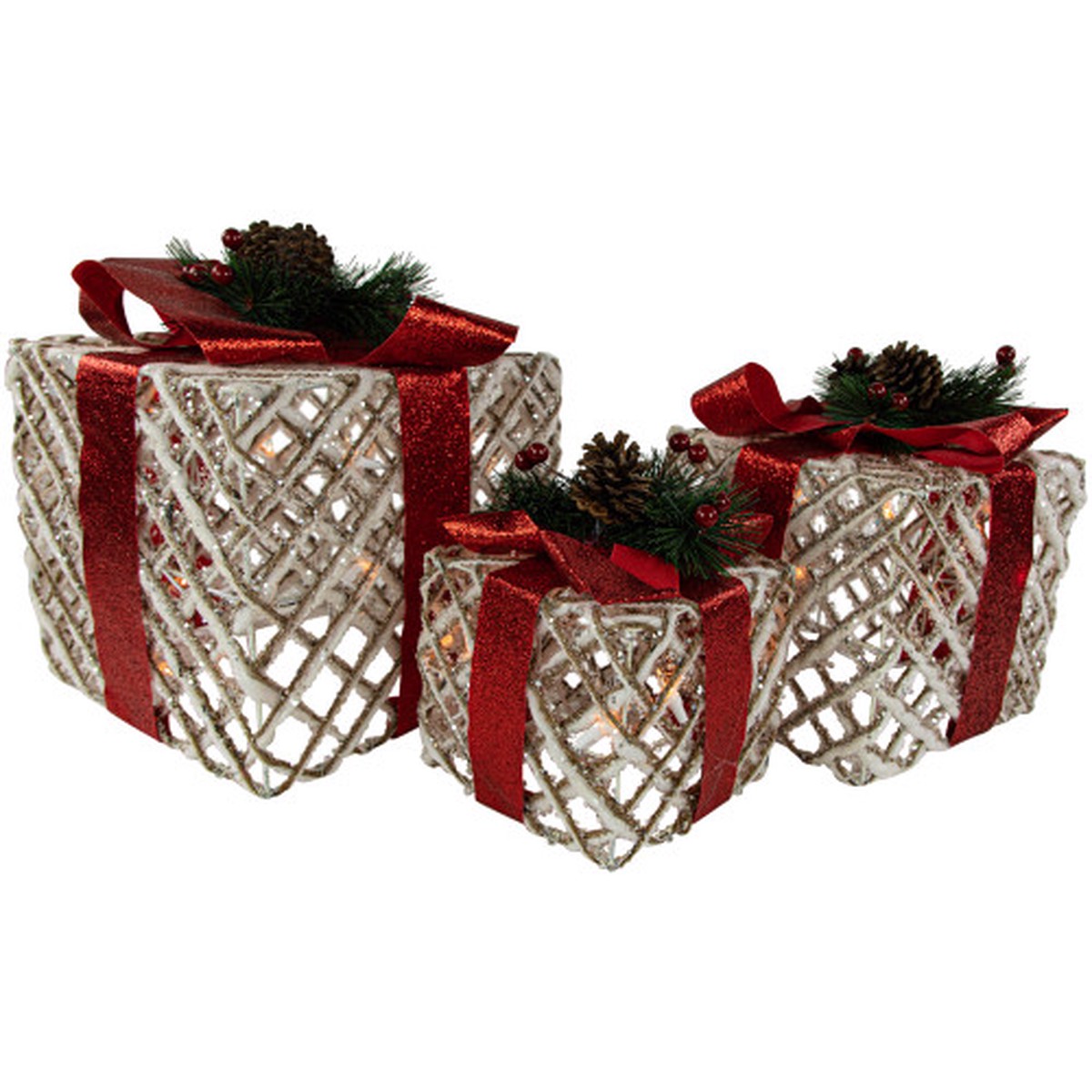 Set of 3 Lighted White Rope Gift Box Christmas Decorations 9.75″