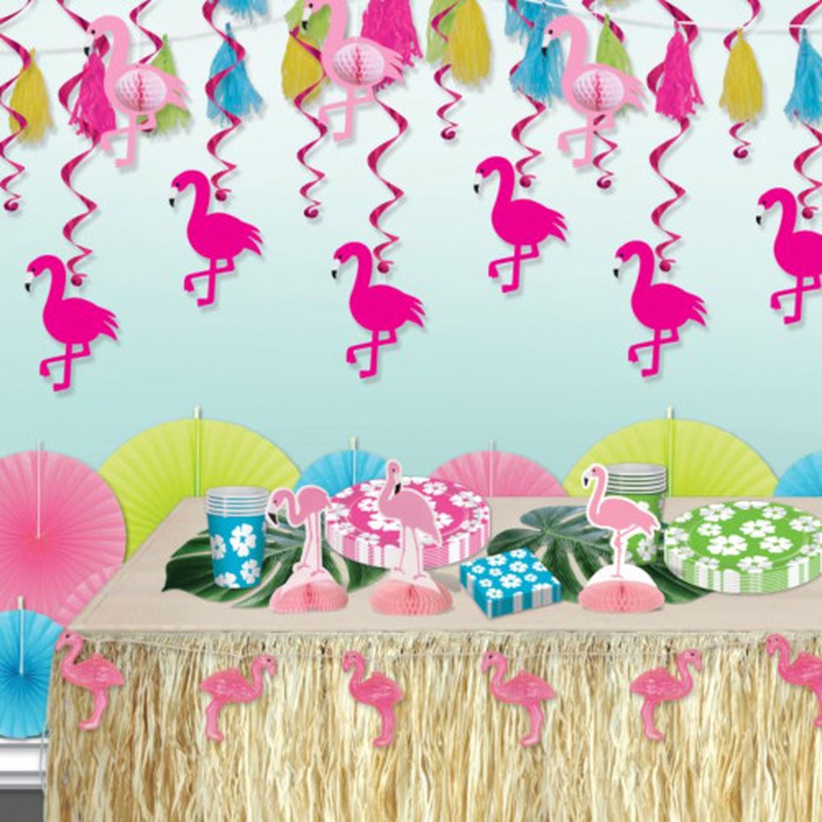 Tropical Flamingo Metallic Whirl Hanging Party Decorations – 25.5″ – Pink and White- Pack of 72