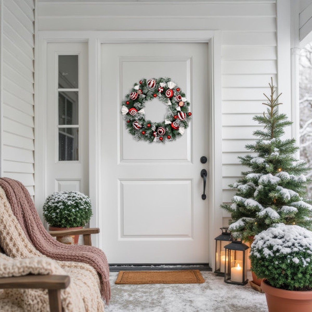 Frosted Pine Artificial Christmas Wreath with Swirled Candy Ornaments, 24-Inch
