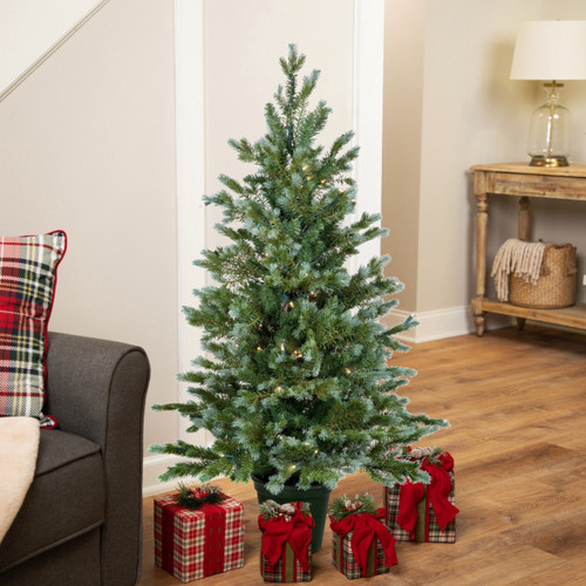 Real Touch Blue Spruce Artificial Potted Christmas Tree - 4' - Clear Lights