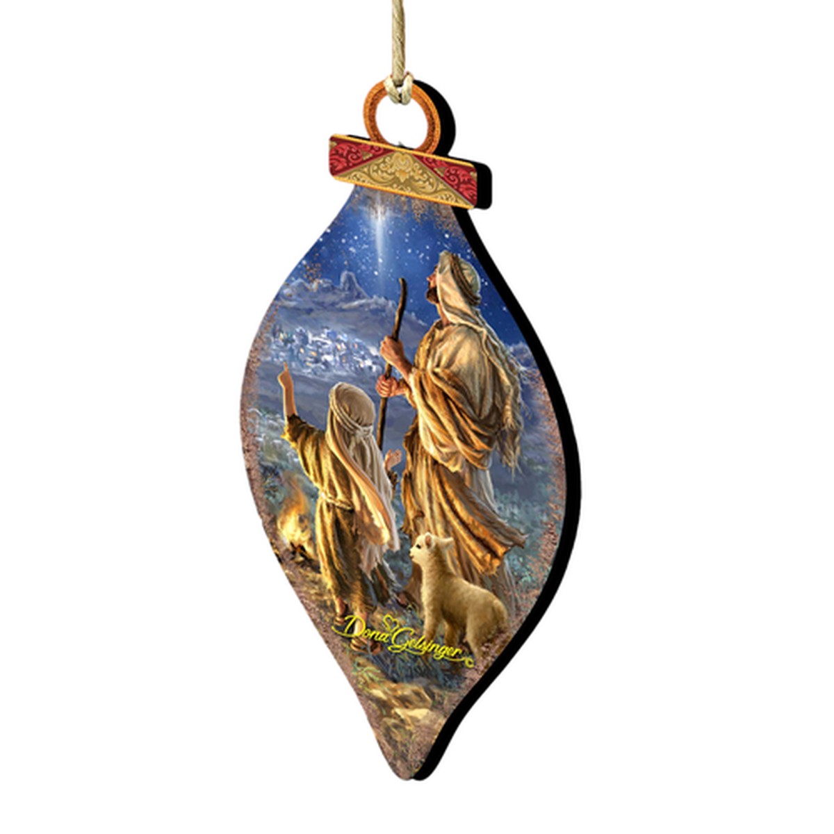 Set of 2 Watching Shepherds Finial Teardrop Shaped Wooden Christmas Ornaments 5.5"