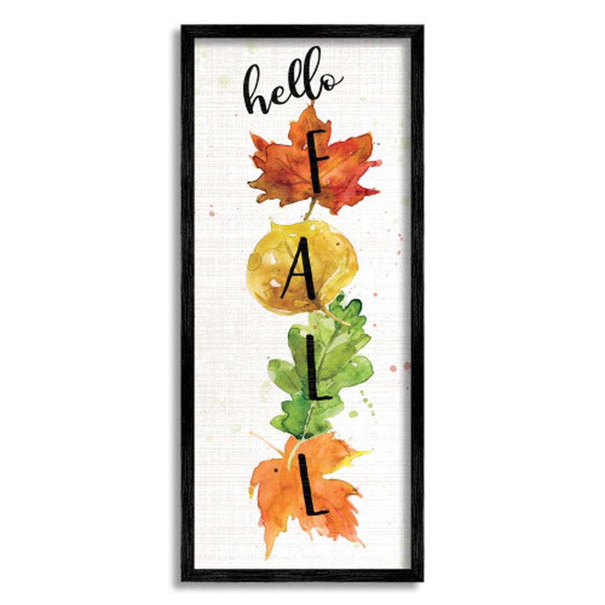 “Hello Fall” Harvest Stacked Leaves Black Framed Giclee Texturized Art, 13″ x 30″
