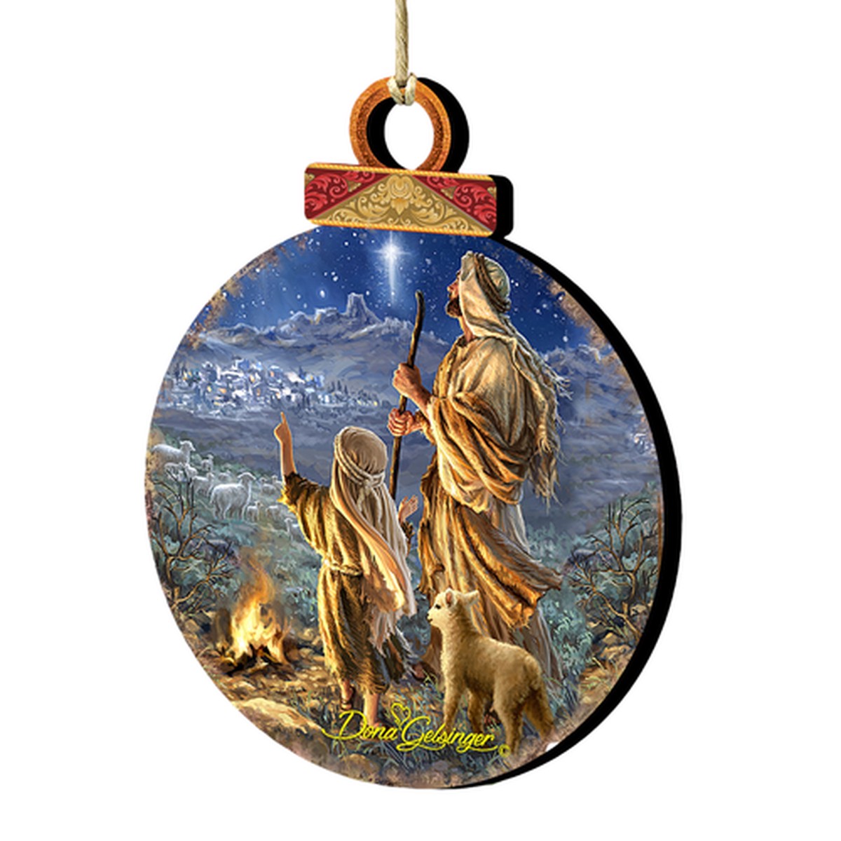 Set of 2 Watching Shepherds Round Wooden Christmas Ornaments 5.5"