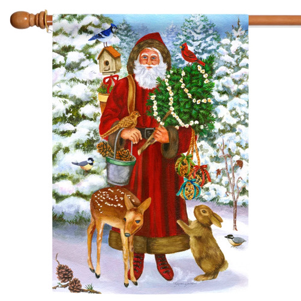 Woodland Santa and Forest Critters Christmas UV Resistant Outdoor Flag – 40″ x 28″