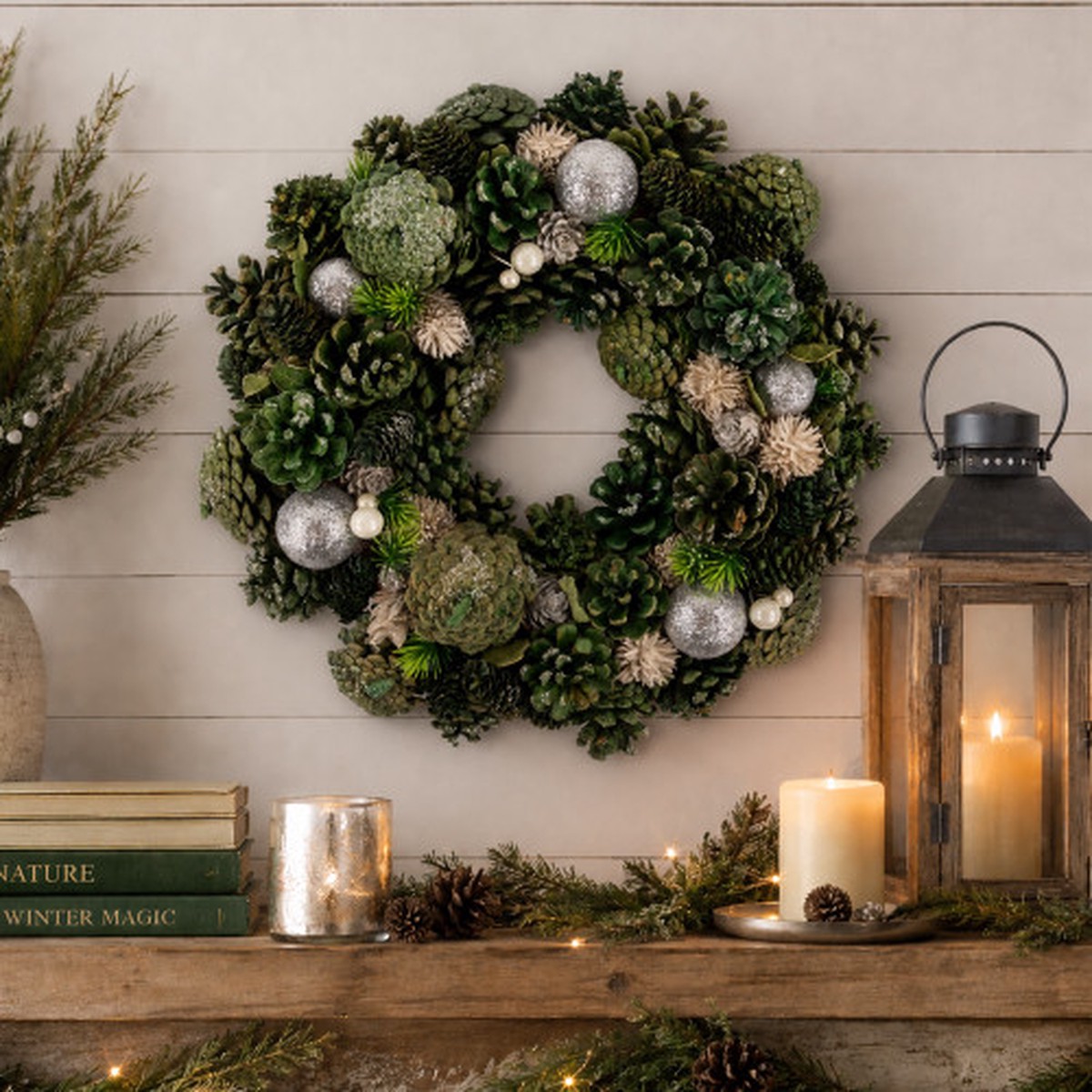 14" Pinecone, Thistle and Ornaments Small Artificial Christmas Wreath - Unlit