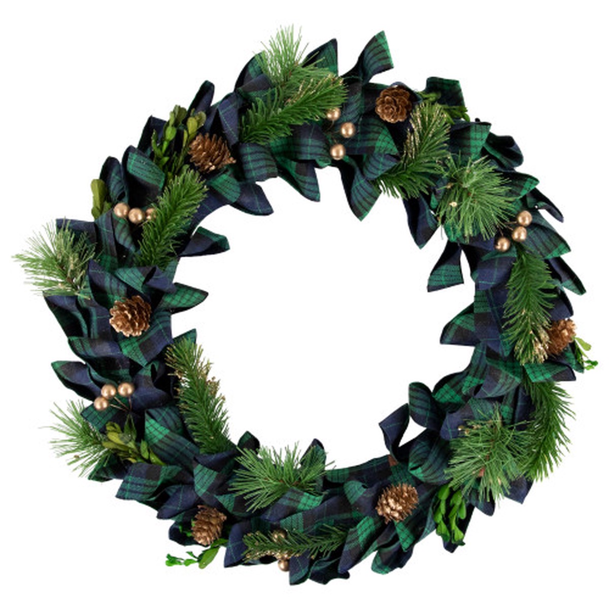 Pine Cones and Plaid Bow Artificial Pine Small Christmas Wreath 17.75-Inch Unlit