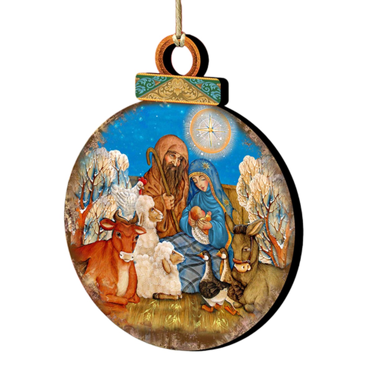 Set of 2 Celebrating Birth with the Animals Wooden Christmas Ornaments 5.5"