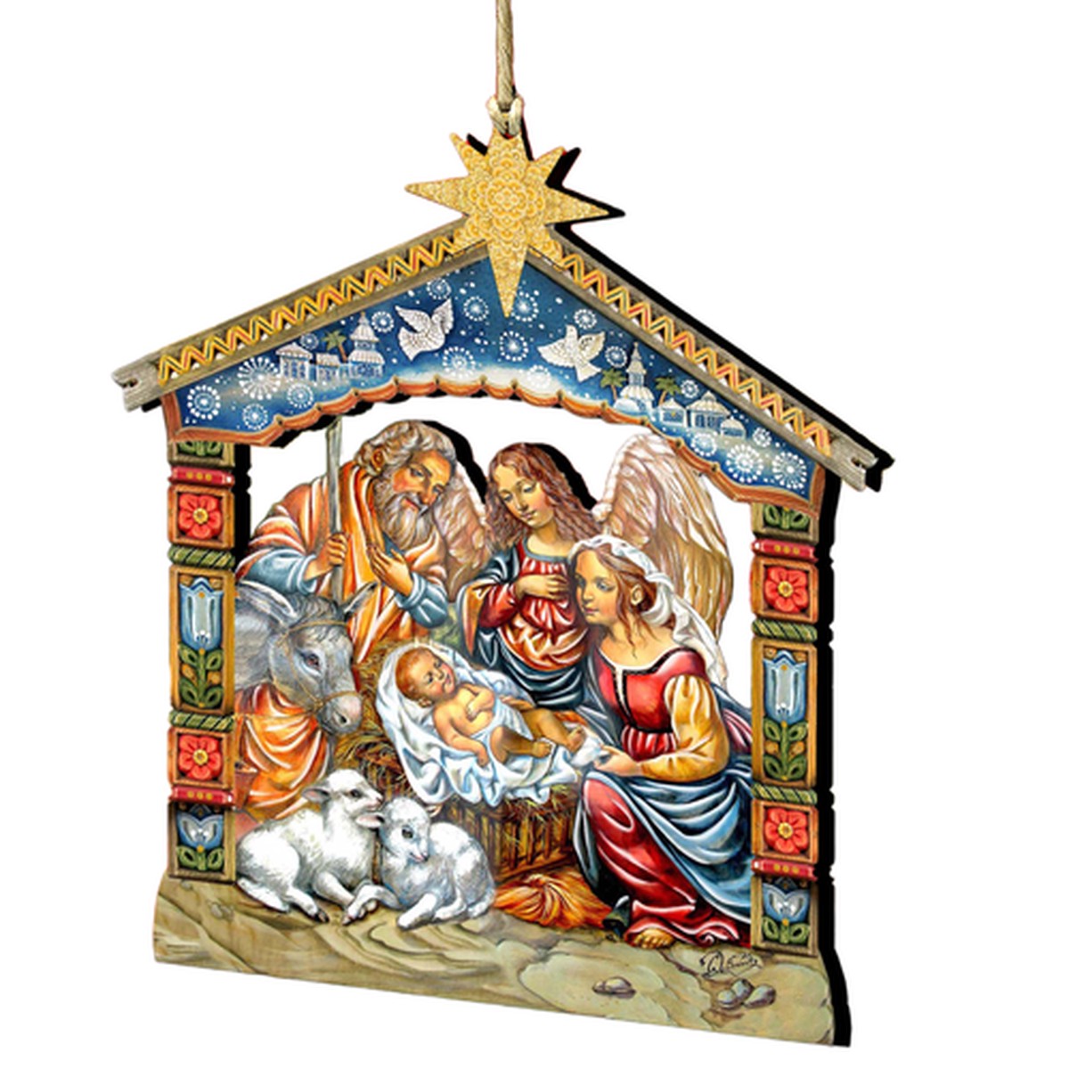 Set of 2 Miracle Birth Holy Family Wood Christmas Ornaments 5.5"