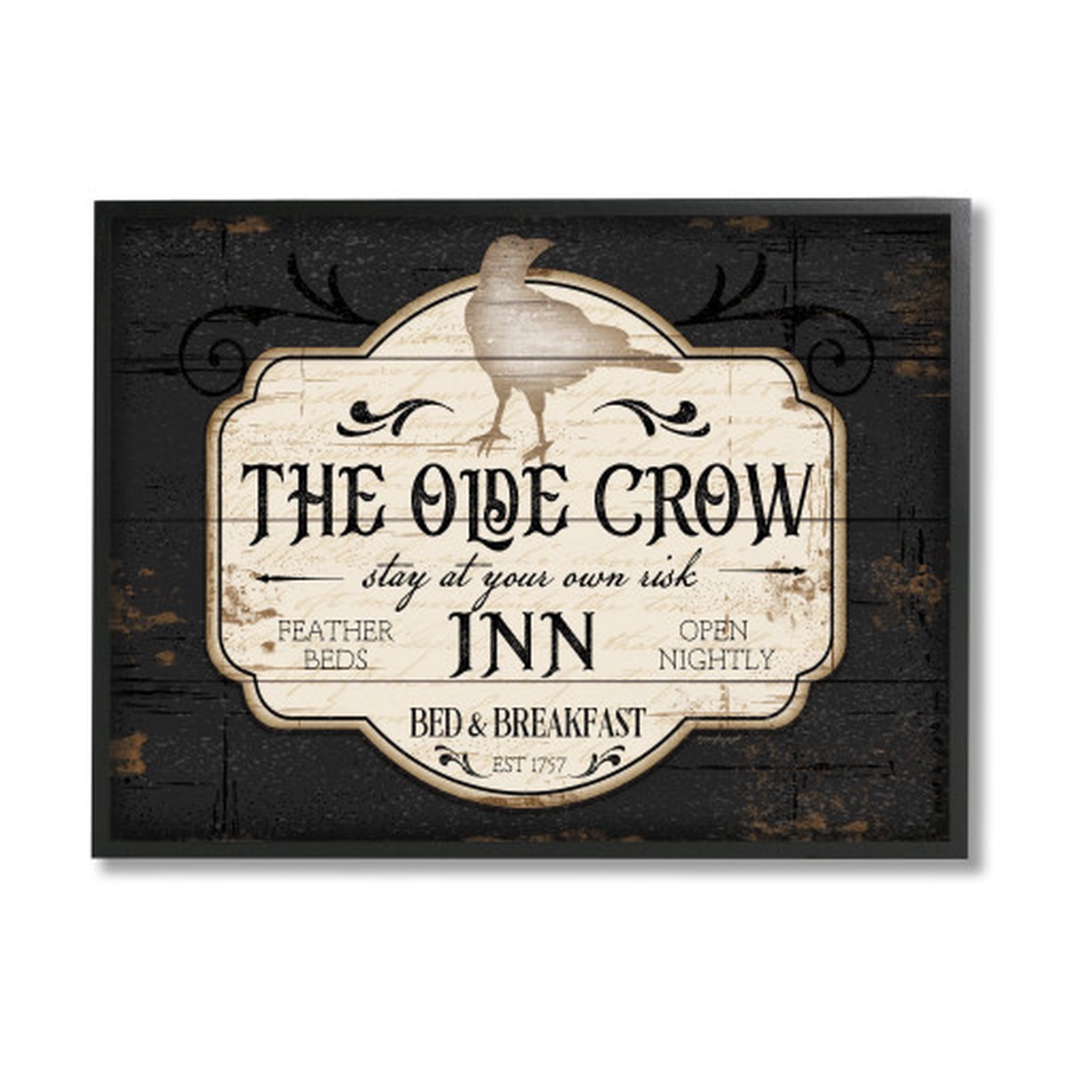 “The Olde Crow Inn” Halloween Sign Black Framed Giclee Texturized Art, 24″ x 30″