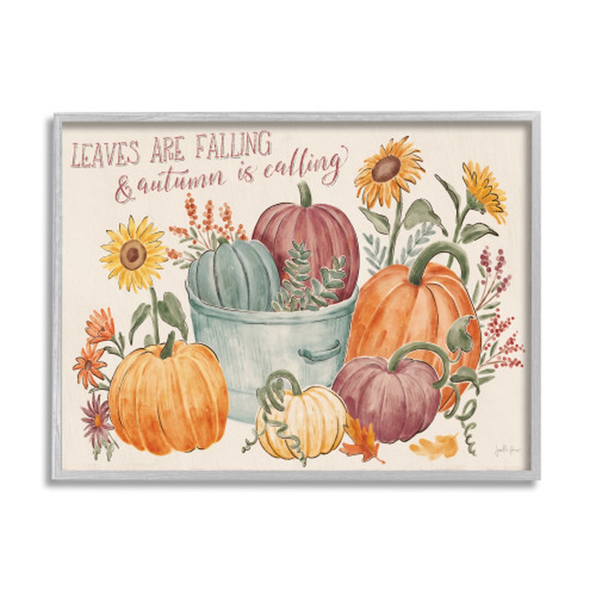 “Leaves are Falling and Autumn is Calling” Gray Framed Fall Harvest Wall Art, 16″ x 20″