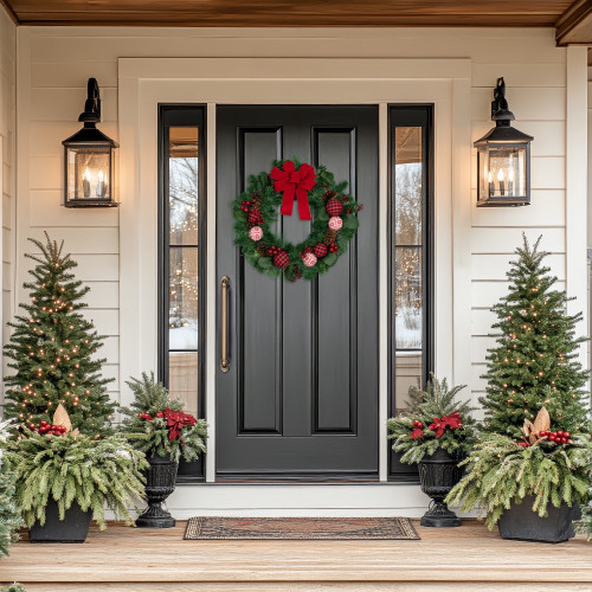Red Bow and Mixed Foliage Artificial Christmas Wreath with Ornaments, 30-Inch