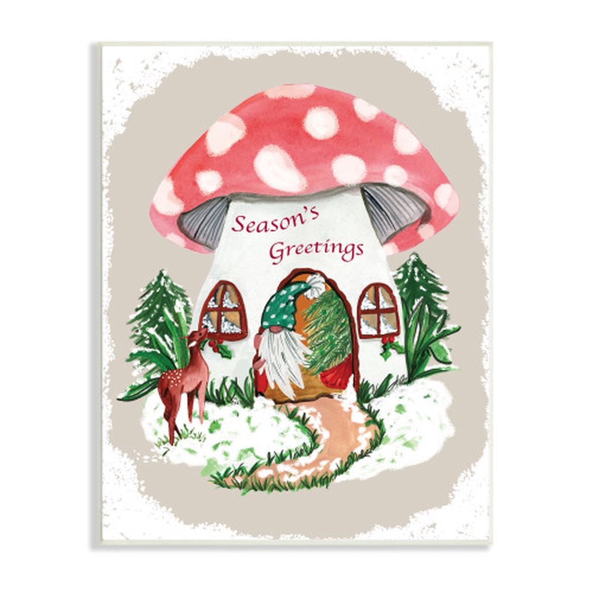 “Season’s Greetings” Christmas Gnome Mushroom House Wall Sign, 13″ x 19″