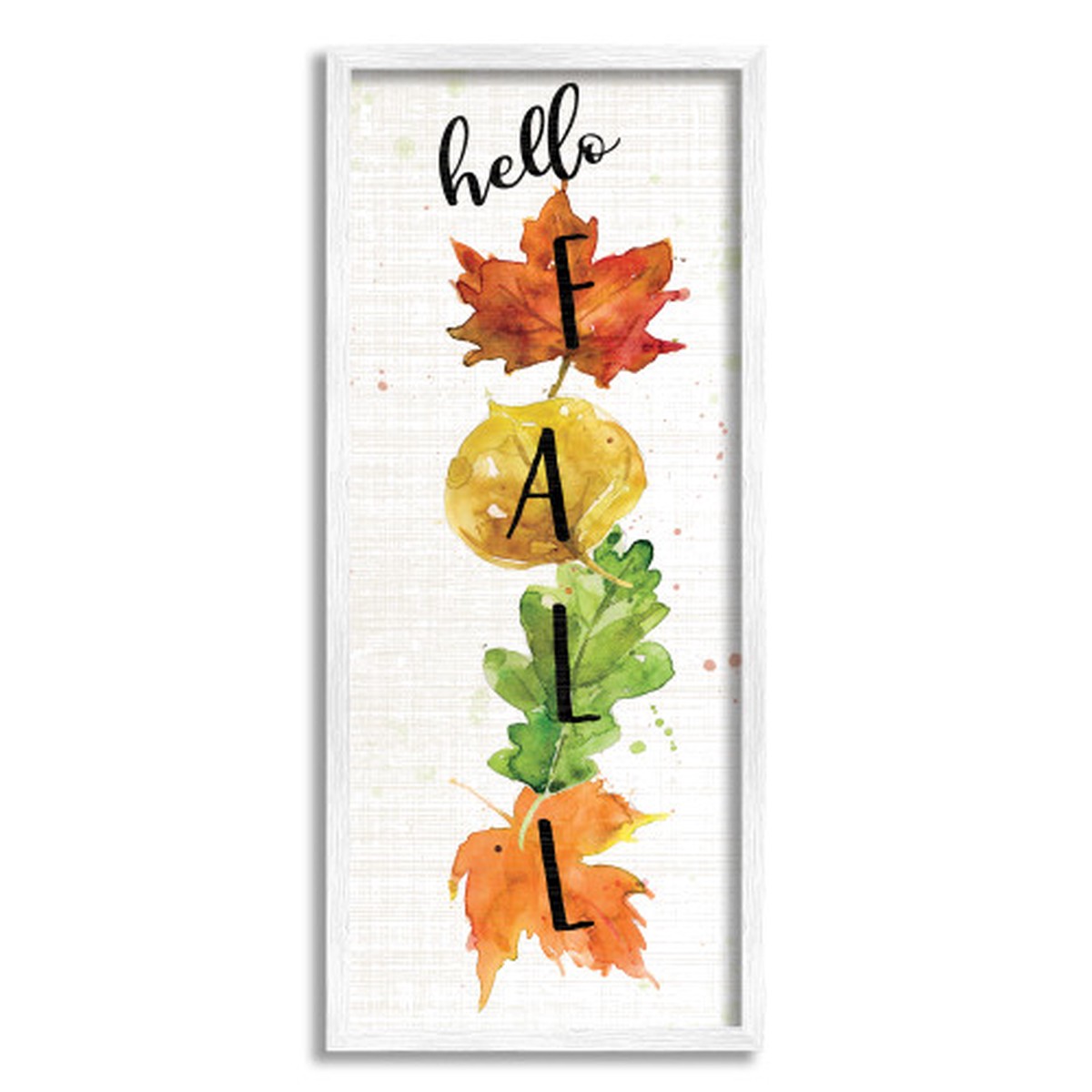 “Hello Fall” Harvest Stacked Leaves Framed Giclee Texturized Art, 10″ x 24″