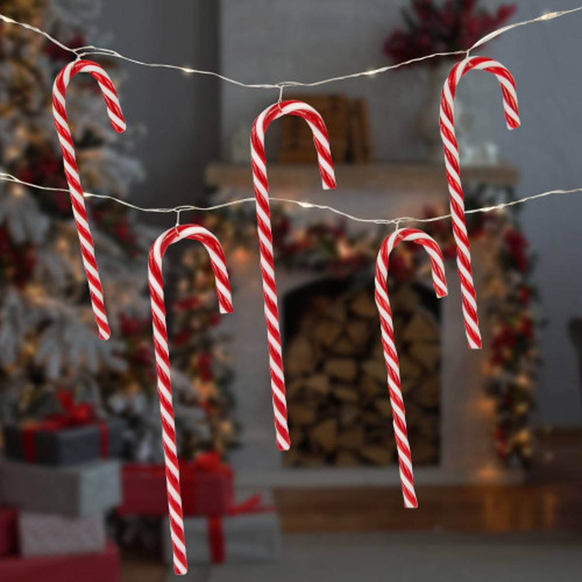 Warm White LED Micro Fairy Candy Cane Christmas Lights - 4" Spacing - Clear Wire - 10ct