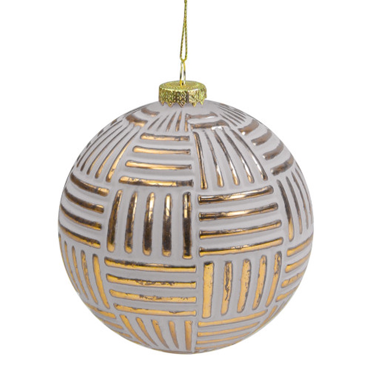 White and Gold Striped Matte Glass Christmas Ball Ornament 4" (100mm)