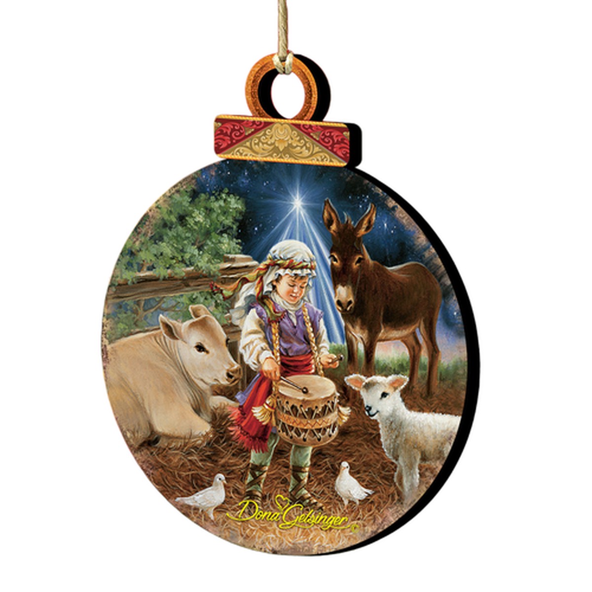 Set of 2 Little Drummer Boy with Animals Round Wooden Christmas Ornaments 5.5"