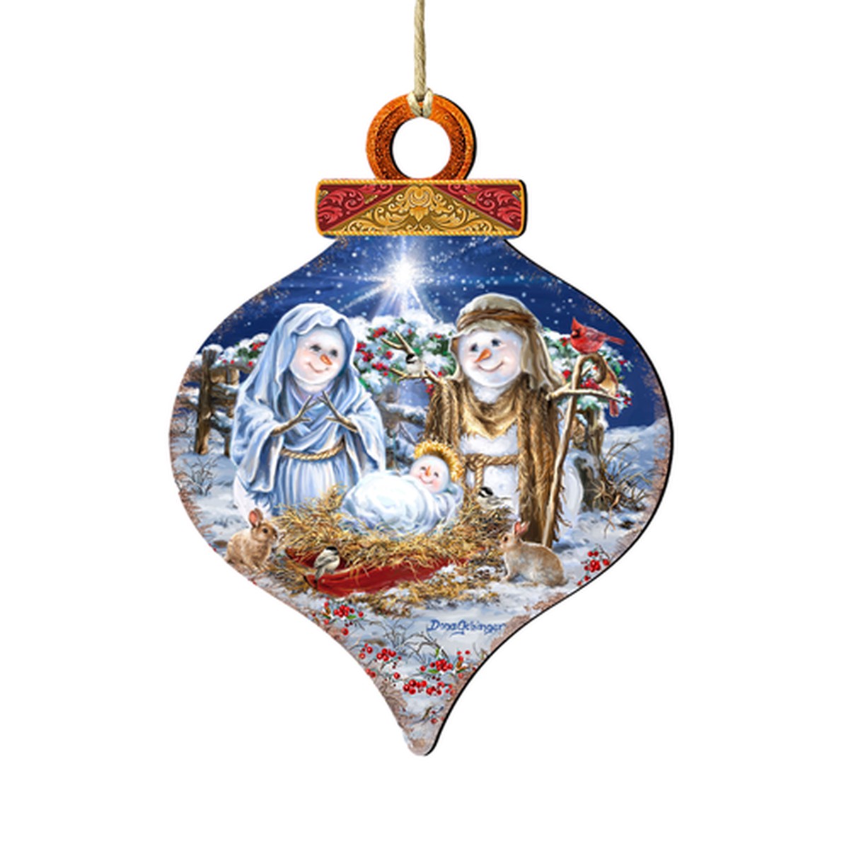 Set of 2 Snow Family Nativity Onion Shaped Wooden Christmas Ornaments 5.5"