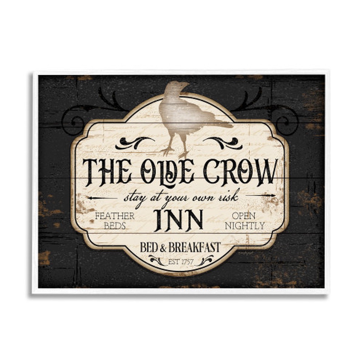 “The Olde Crow Inn” Halloween Sign White Framed Giclee Texturized Art, 24″ x 30″