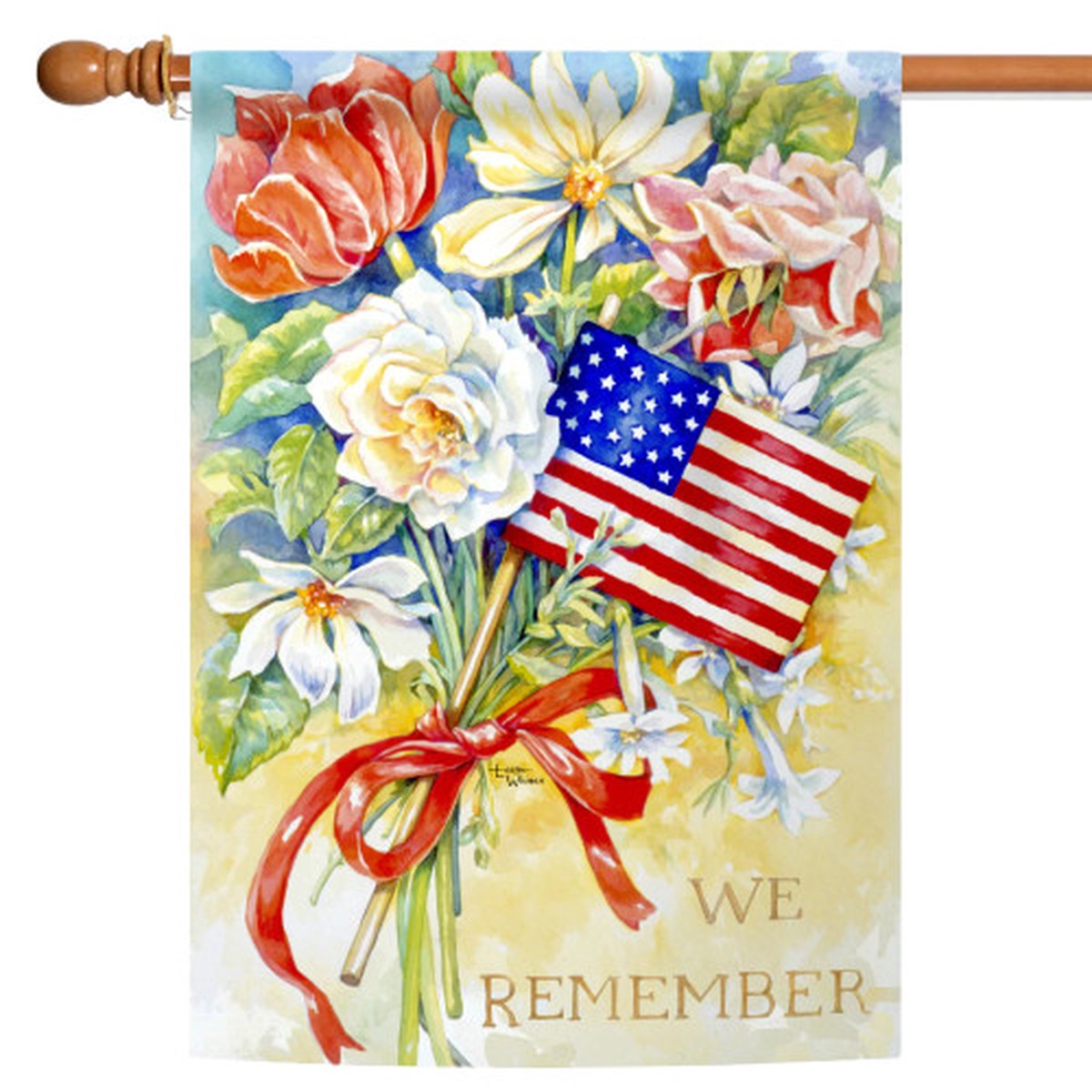 USA Flag Floral Bouquet “We Remember” Patriotic Outdoor Flag – 40″ x 28″