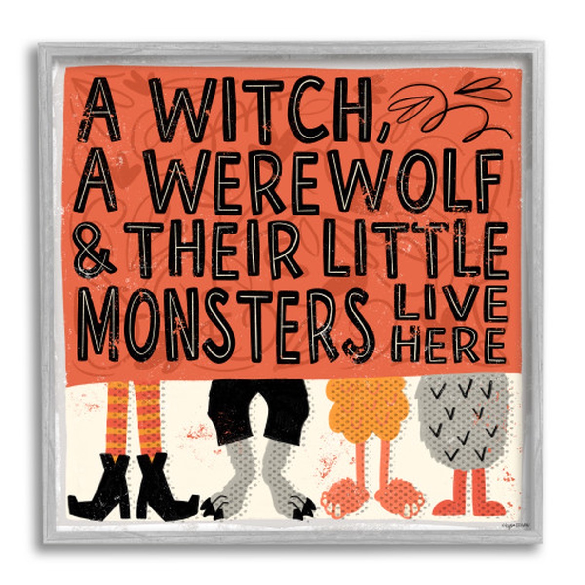 Witch Werewolf and Little Monsters Halloween Gray Framed Texturized Art, 12″ x 12″