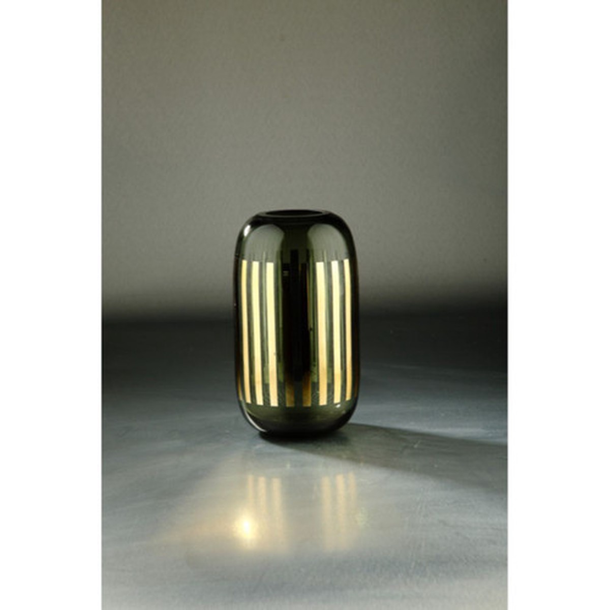 10.5″ Smoky Gray and Gold Striped Oval Glass Vase