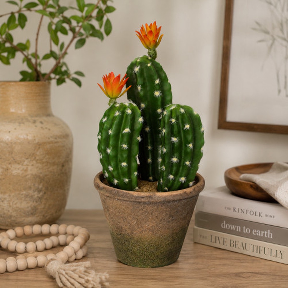 12.5″ Flowering Artificial Column Cactus with Ceramic Pot – Green and Beige
