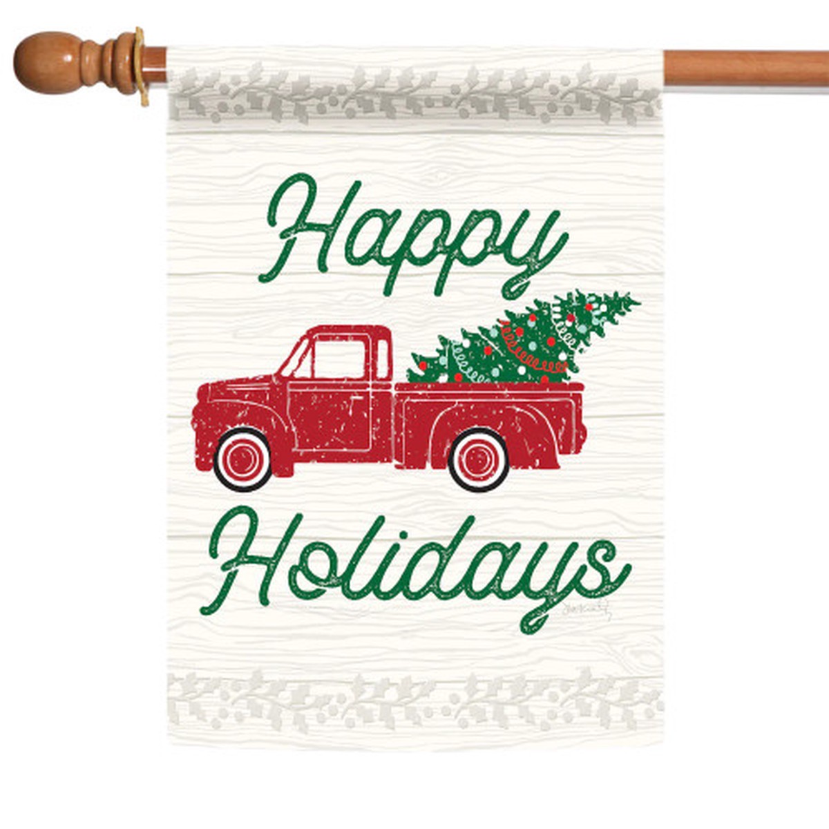 “Happy Holidays” Red Truck with Christmas Tree Outdoor House Flag 40″ x 28″