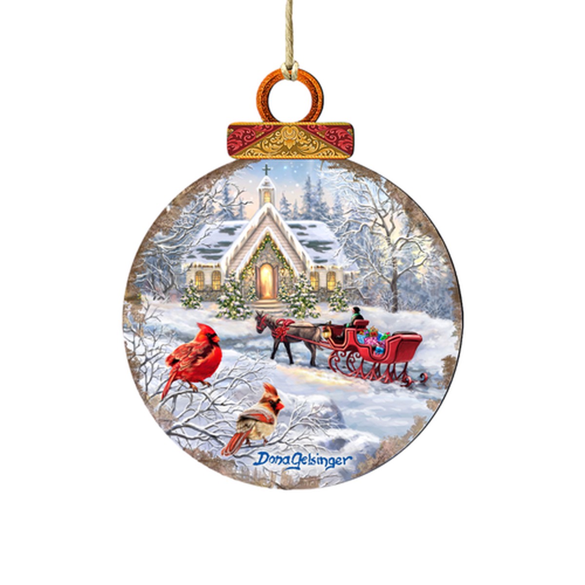 Set of 2 Sleigh Ride with Perching Cardinals Wooden Ornaments 5.5"