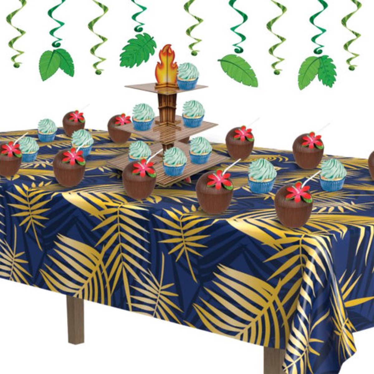 Tropical Palm Leaf Disposable Tablecloth 108 Blue and Yellow Pack of 12