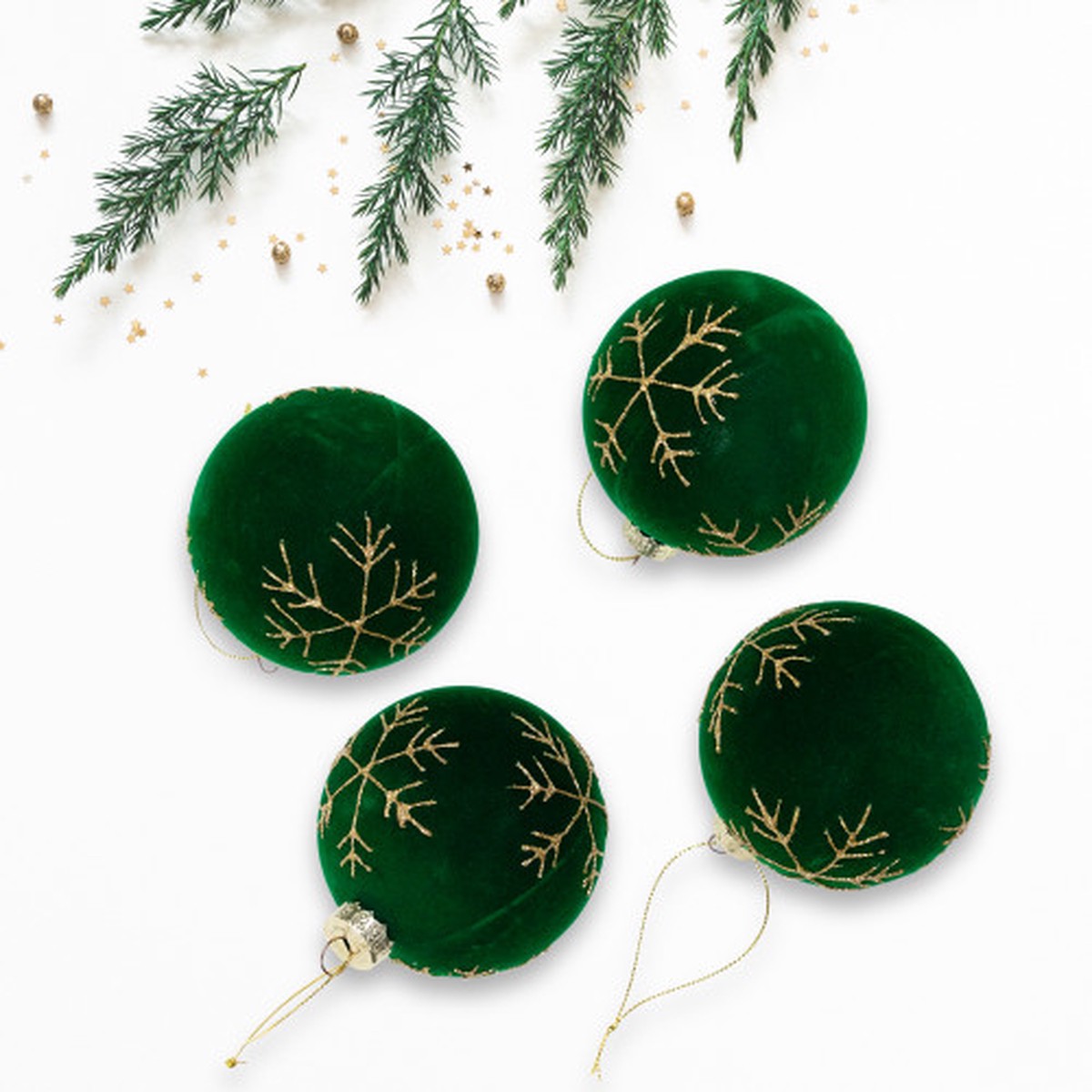 Velvet Glass Christmas Ball Ornaments with Gold Snowflakes – 3″ (75mm) – Green – 4ct