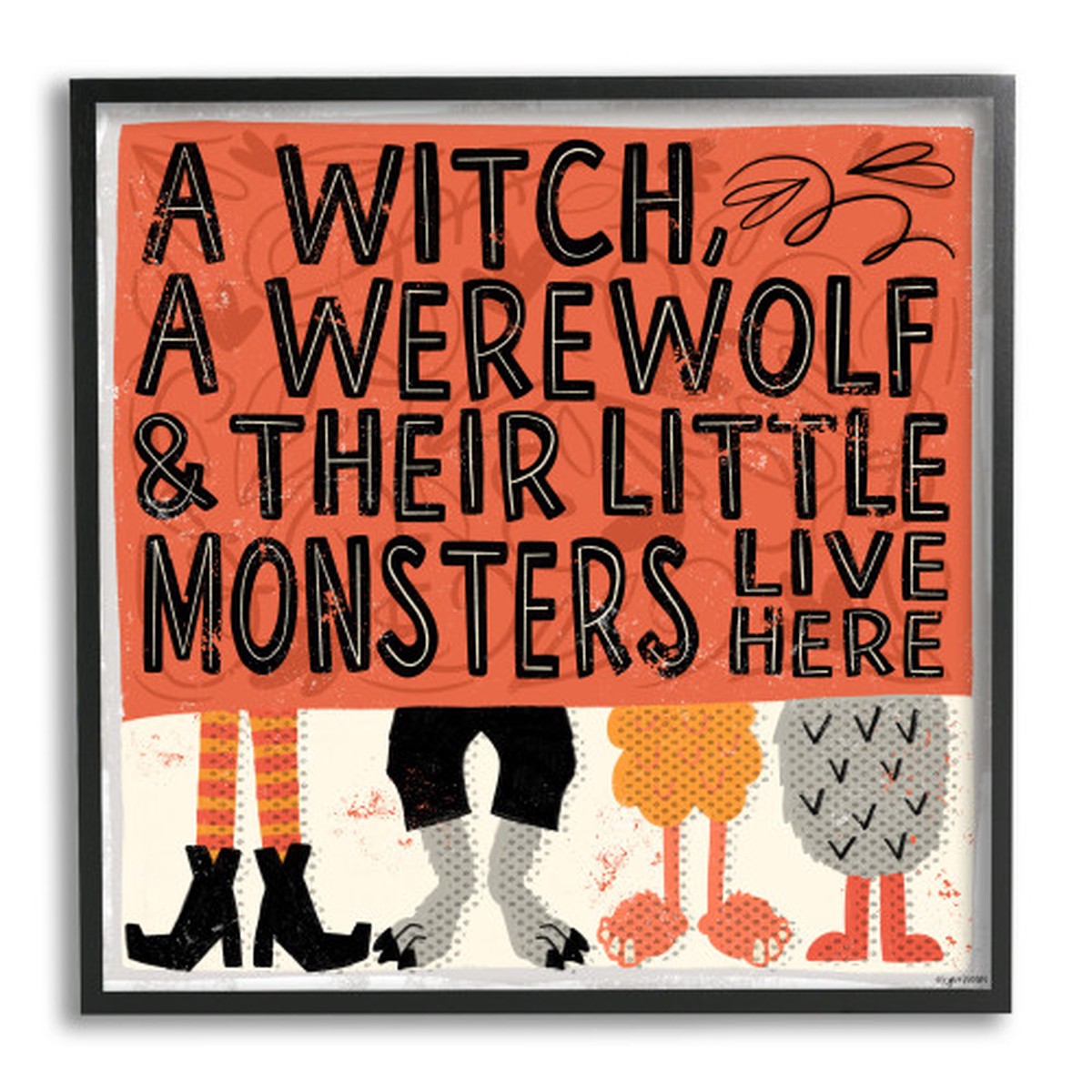 Witch Werewolf and Little Monsters Halloween Black Framed Texturized Art, 12″ x 12″