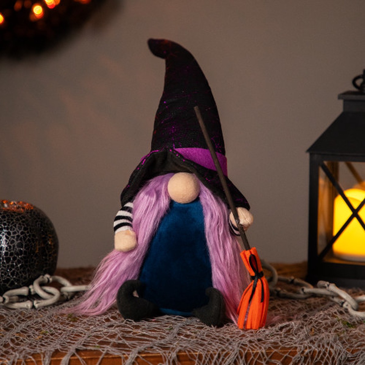 14″ Gnome Witch with Broom and Pointy Hat Halloween Figure – Black and Purple