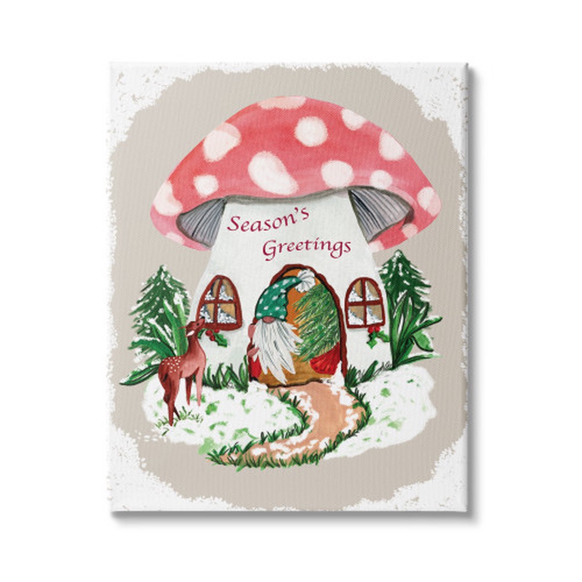 “Season’s Greetings” Christmas Gnome Mushroom House Stretched Canvas Wall Art, 36″ x 48″