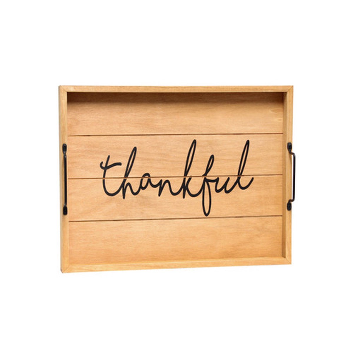 “Thankful” Rectangular Wooden Serving Tray with Handles – 15.5″ – Brown and Black