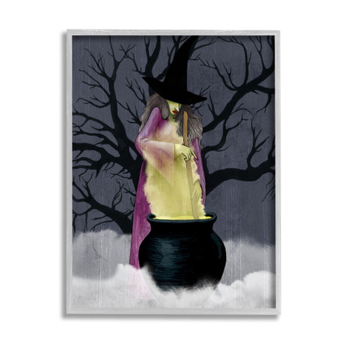 Witch Stirring Smokey Cauldron Spooky Halloween Gray Framed Wall Art, 24 x 30