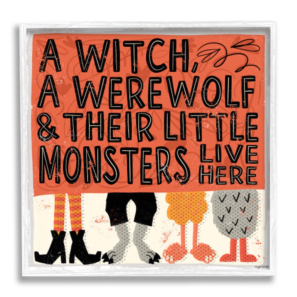 Witch Werewolf and Little Monsters Halloween White Framed Texturized Art, 12″ x 12″