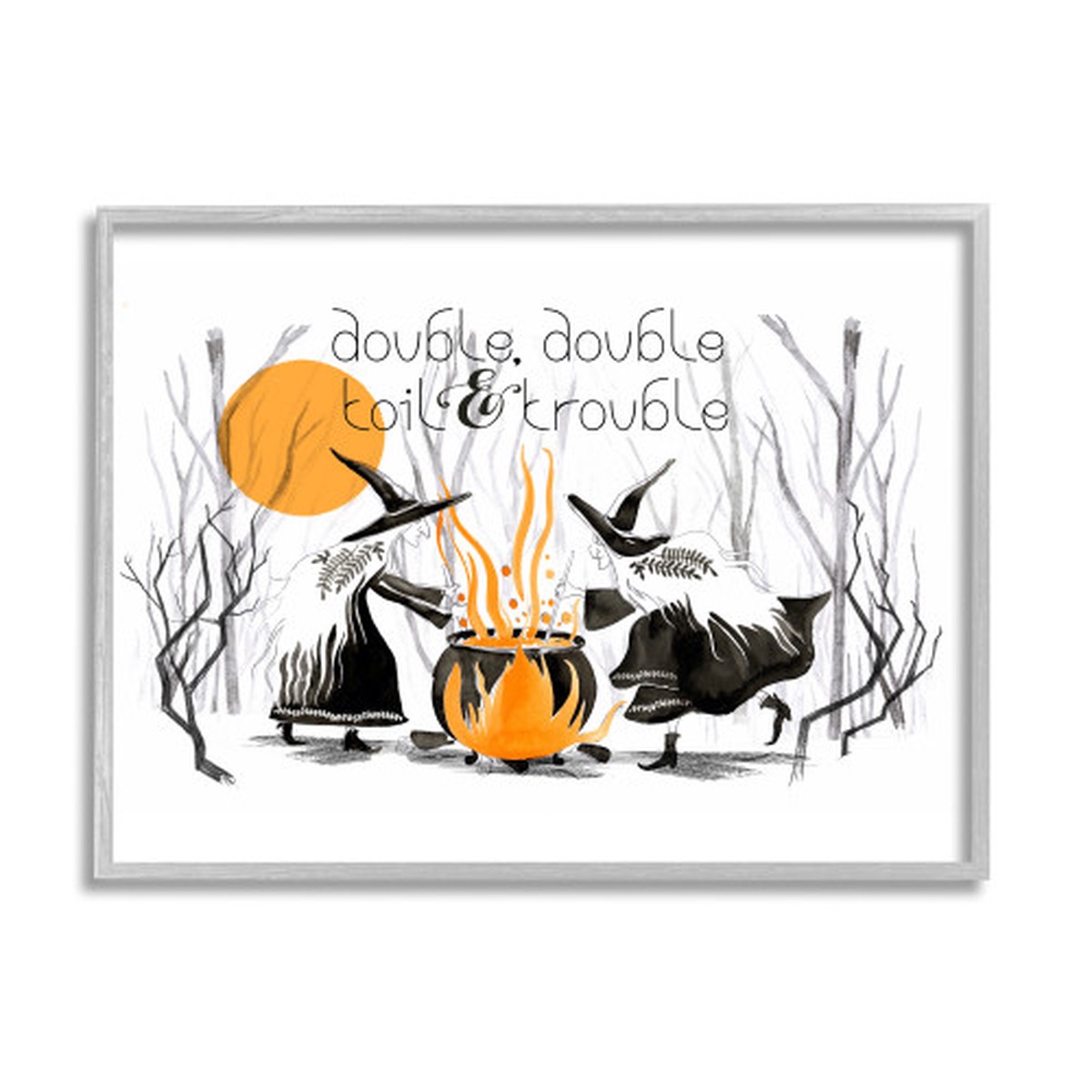 Witches and Cauldron Double Toil and Trouble Halloween Gray Framed Wall Art, 16 x 20