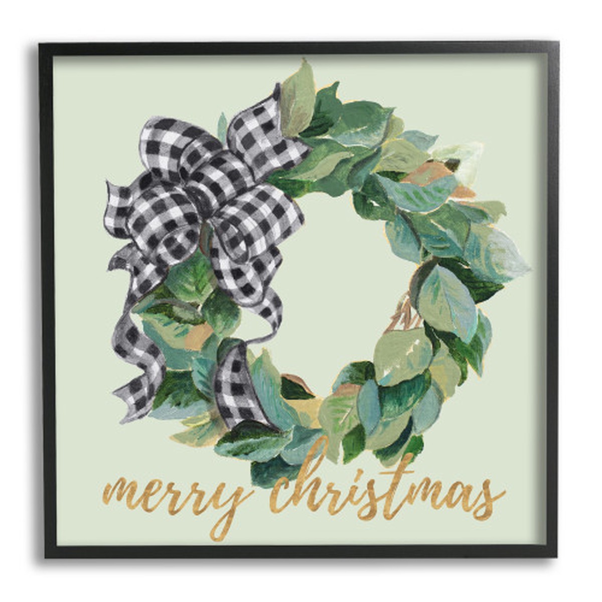 Wreath with Gingham Bow “Merry Christmas” Framed Wall Art, 12″ x 12″