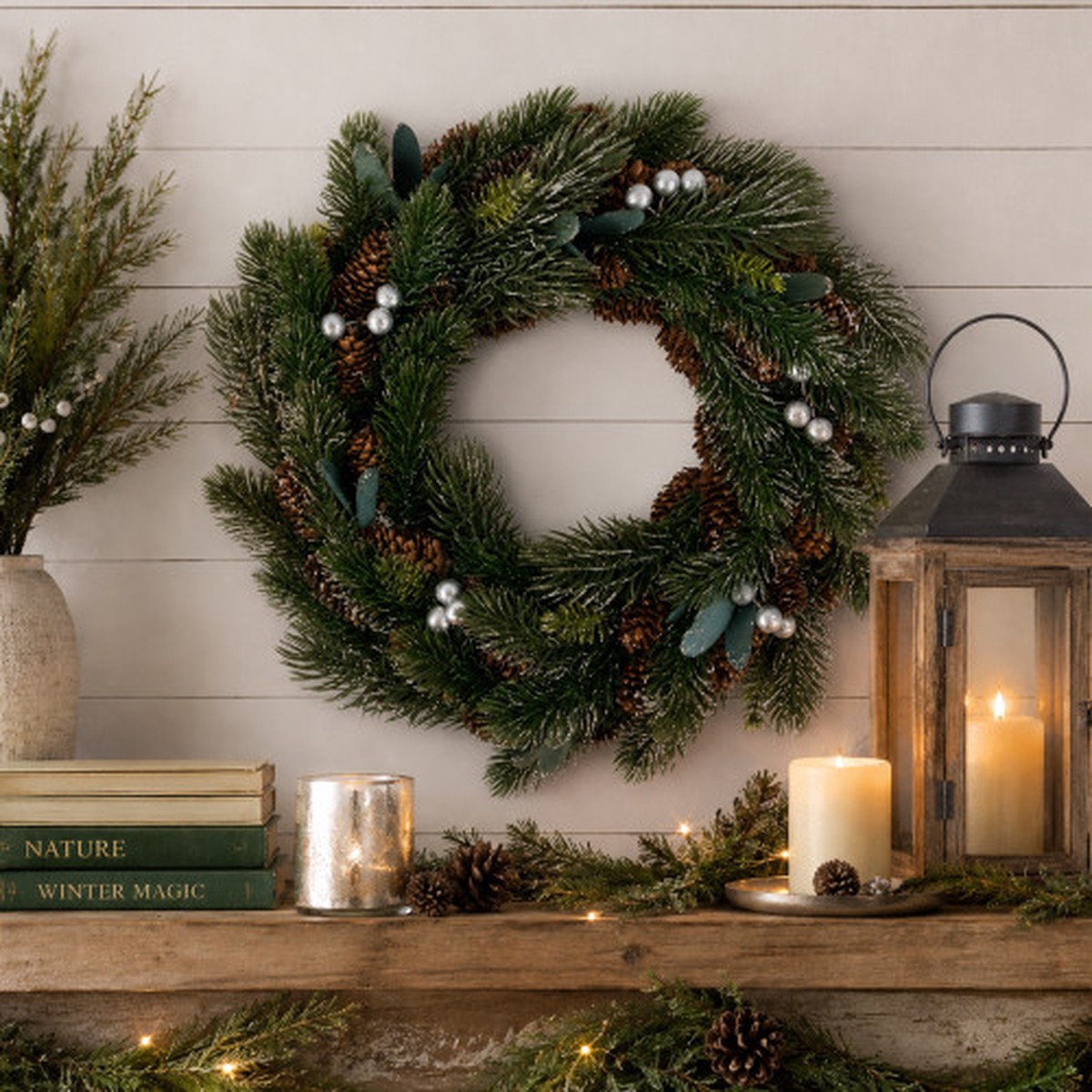 14″ Glittered Pine, Berries and Pinecones Small Artificial Christmas Wreath – Unlit