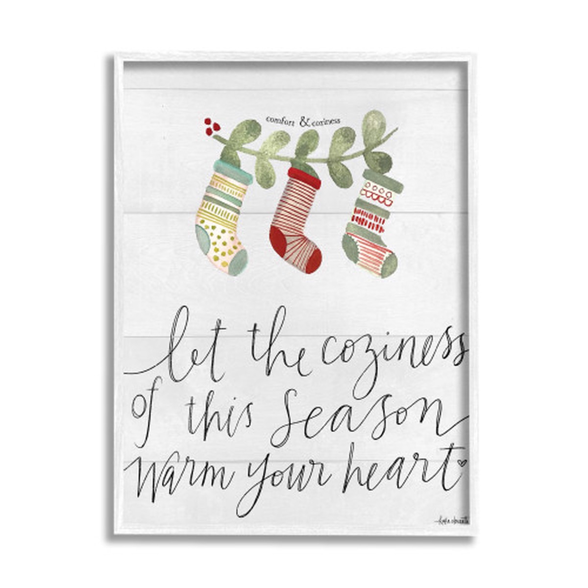 “Comfort and Coziness” Christmas Stockings White Framed Giclee Texturized Art, 16 x 20