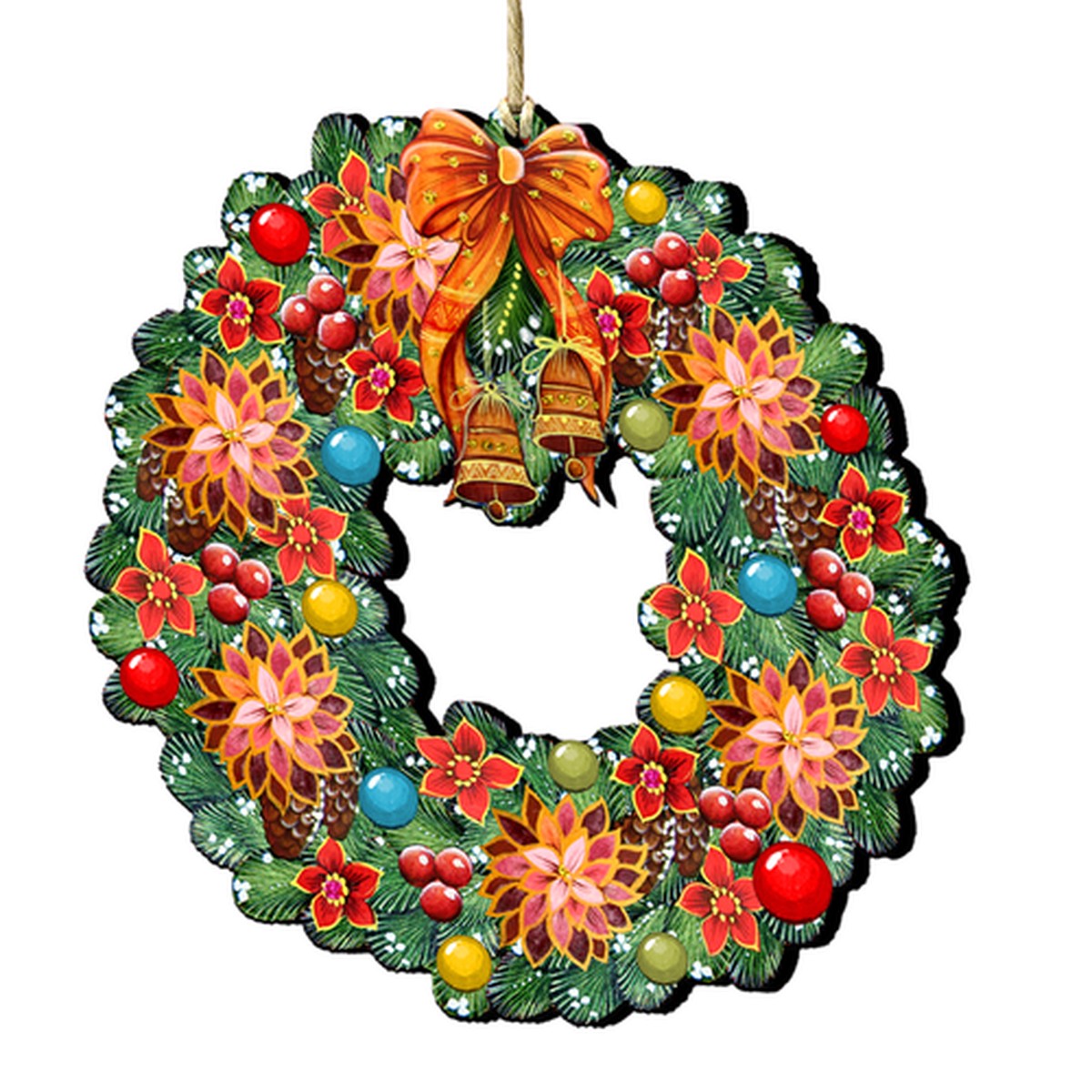 Set of 2 Christmas Wreath Flowers Wooden Ornaments 5.5"