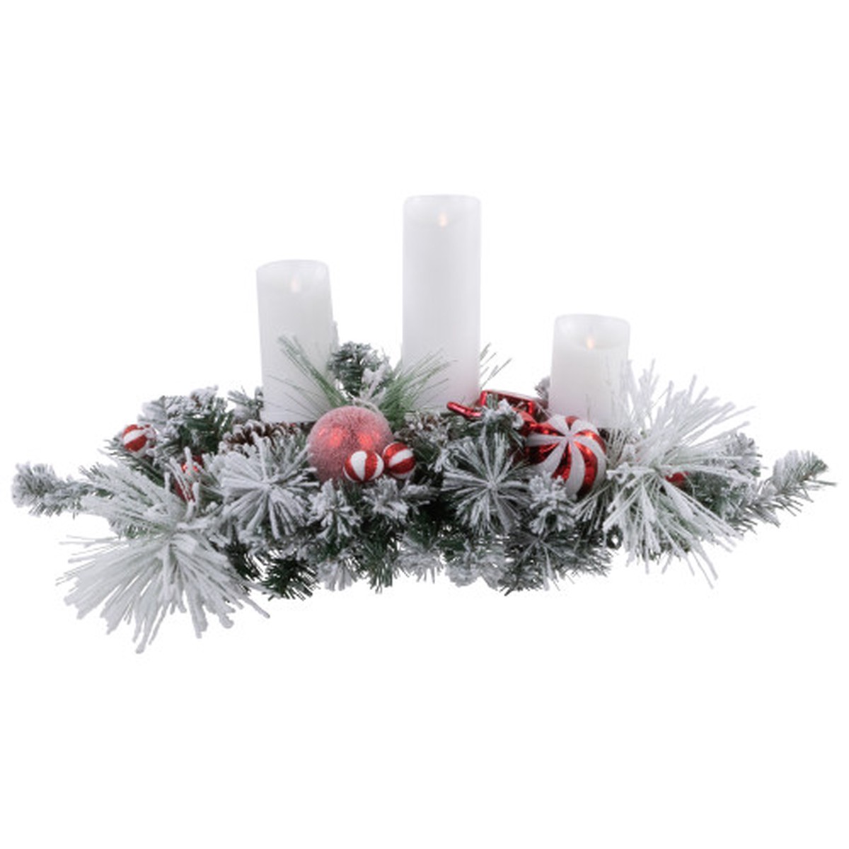 Triple Candle Holder with Flocked Pine and Christmas Ornaments – 32″ – Red and White