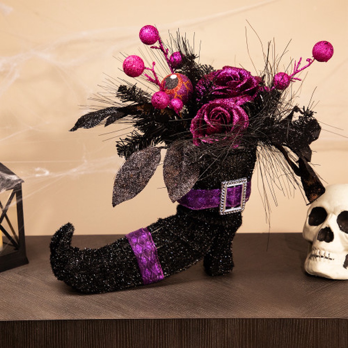 12″ Witch’s Boot with Glittered Roses and Foliage Halloween Decoration