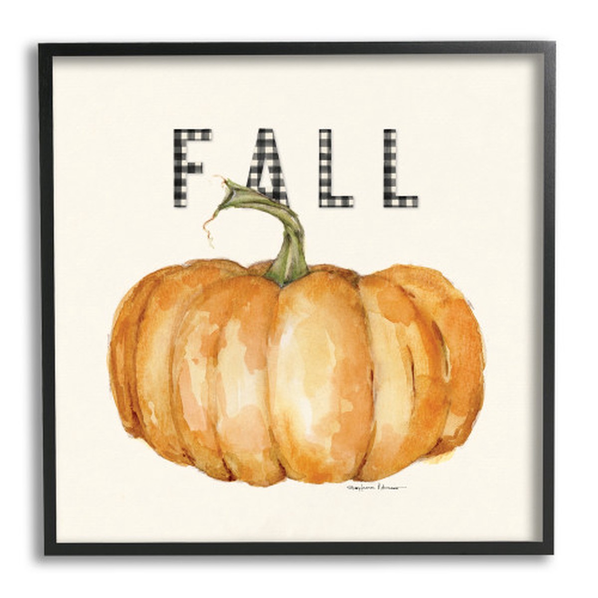 “Fall” Gingham Typography Pumpkin Black Framed Giclee Texturized Art, 24″ x 24″